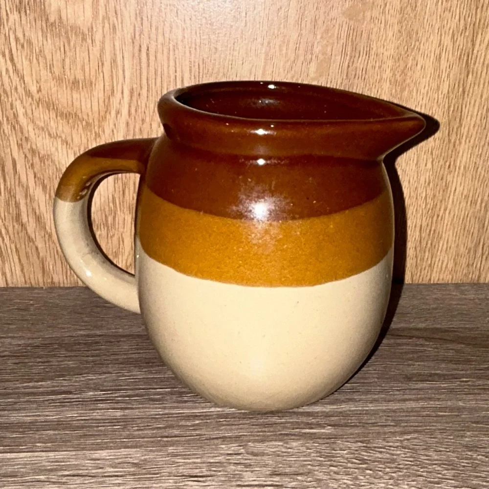 Vintage Stoneware Pitcher Three Tri Tone Brown Tan Caramel Drip